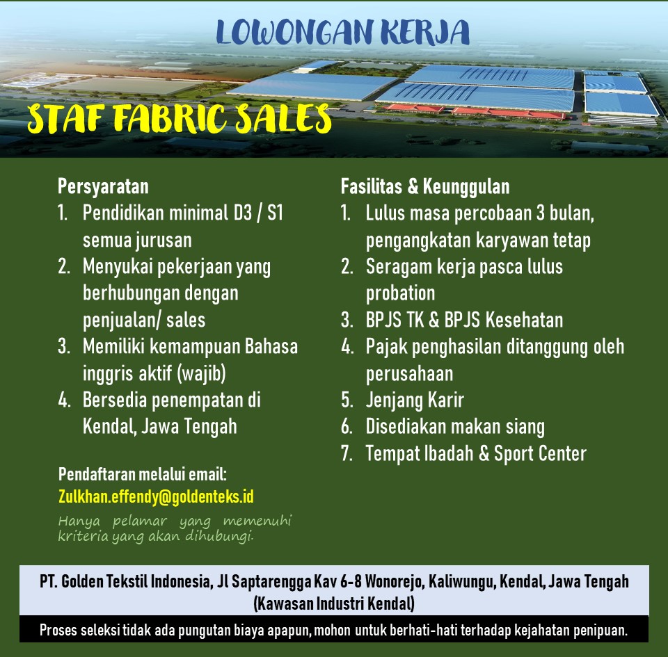 Lowongan Kerja Maret 2024 – PT. GOLDEN TEKSTIL INDONESIA – STAF FABRIC SALES