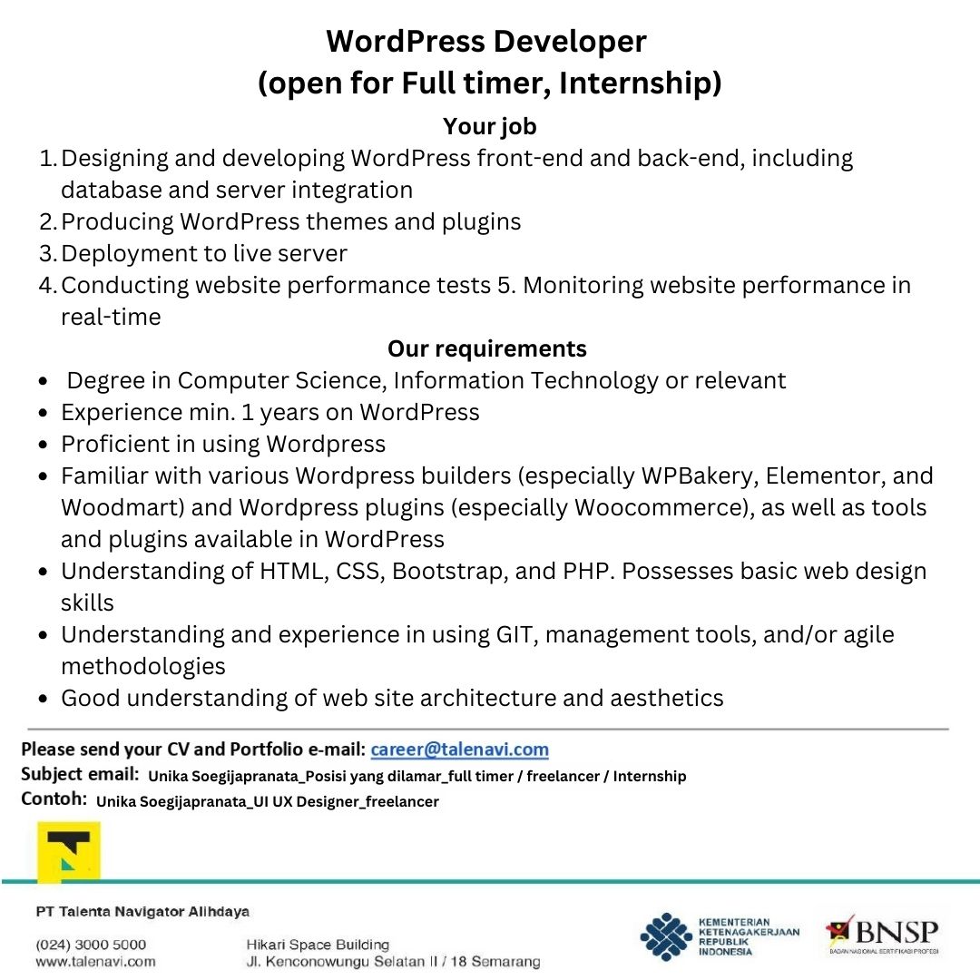 Lowongan Kerja Maret 2024 – PT. TALENTA NAVIGATOR ALIHDAYA – WordPress Developer