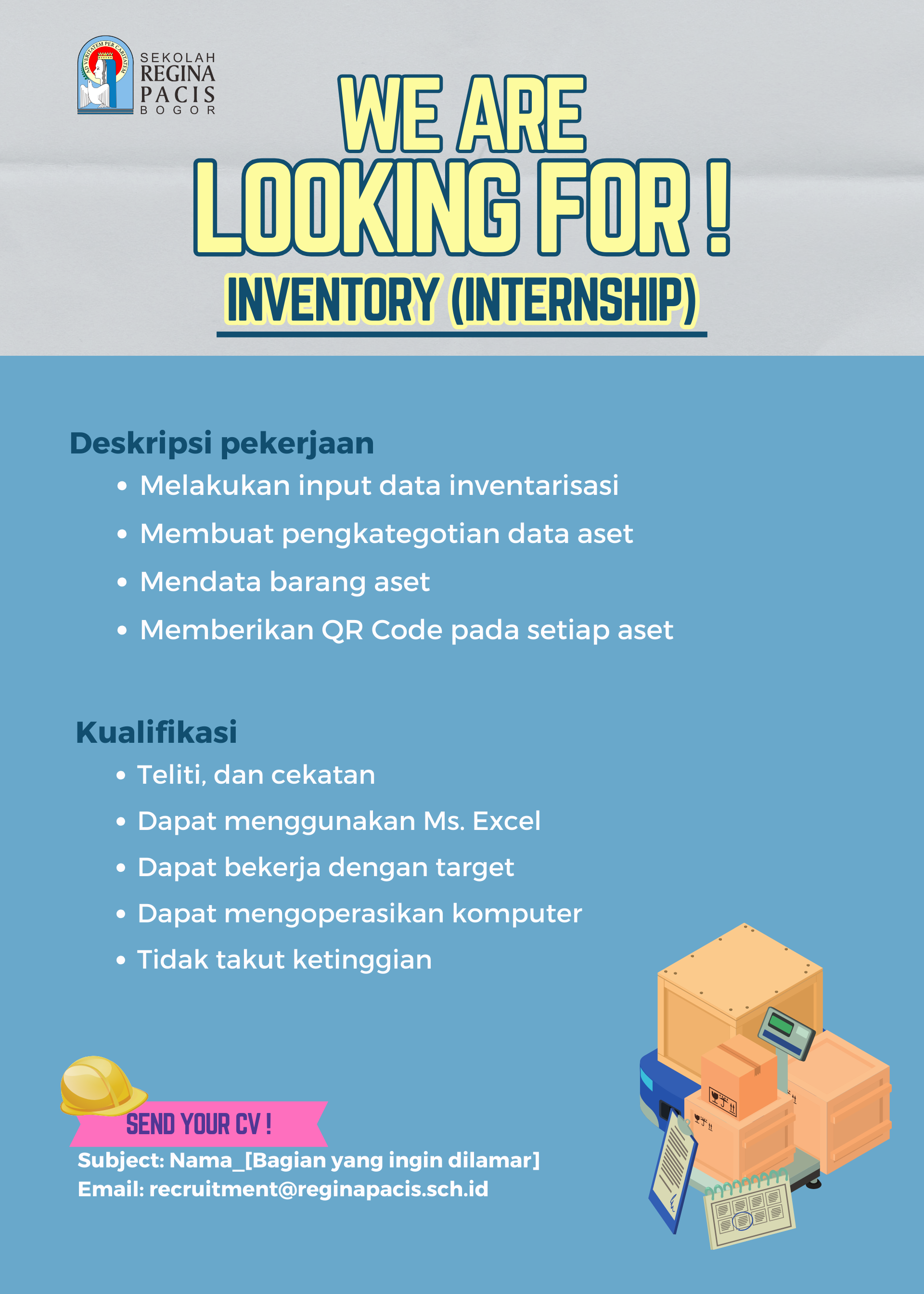 Lowongan Kerja Maret 2024 – SEKOLAH REGINA PACIS BOGOR – INVENTORY (INTERNSHIP)