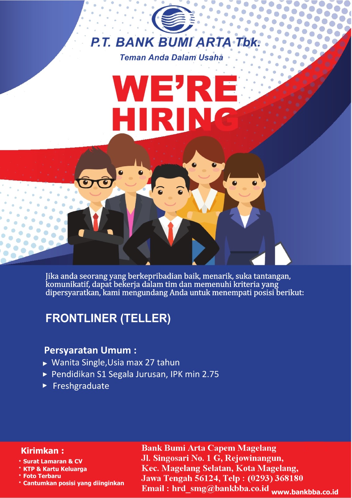 Lowongan kerja Maret 2024 – BANK BUMI ARTA – Frontliner (Magelang)