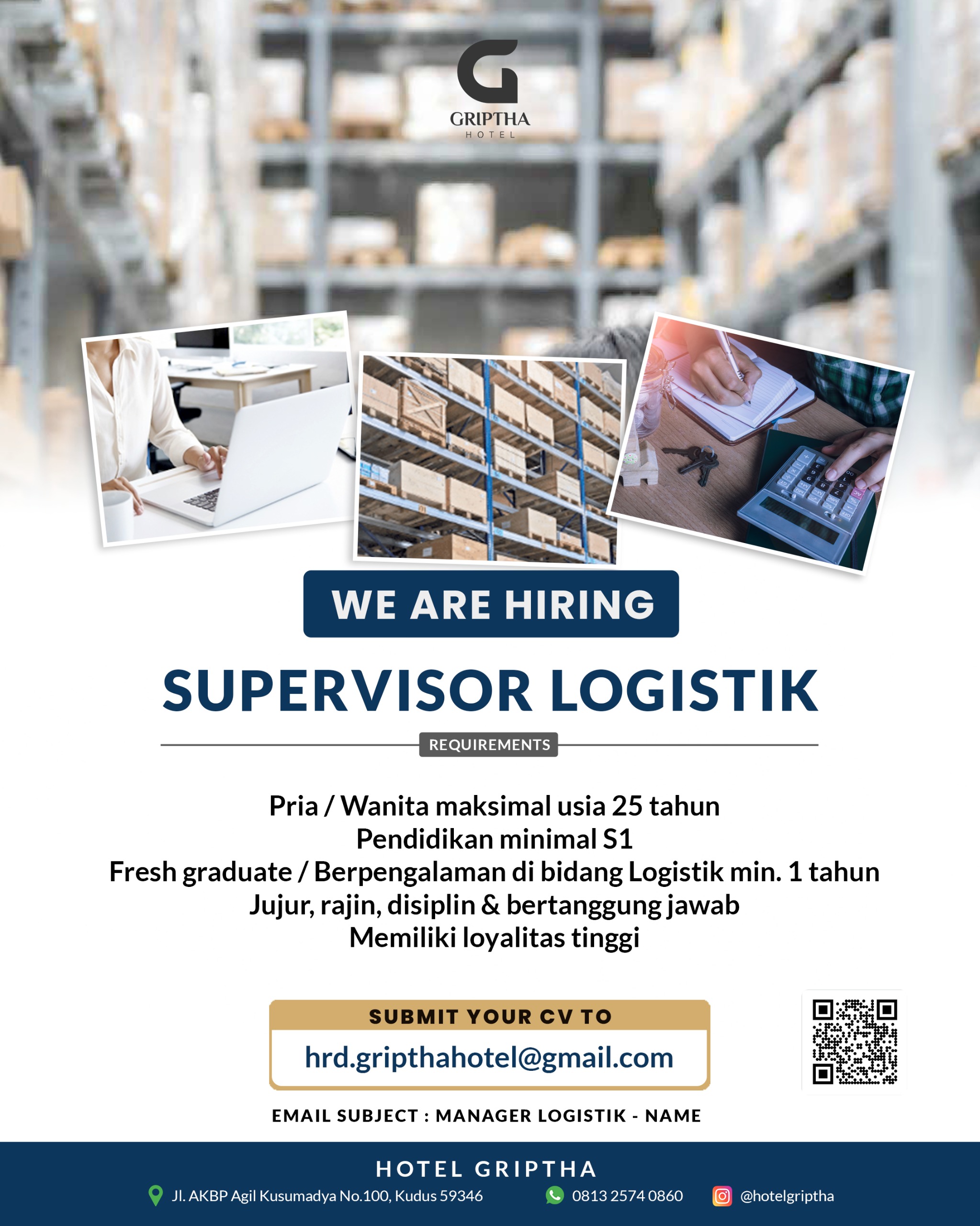 Lowongan kerja Maret 2024 – GRIPTHA HOTEL – Supervisor Logistik