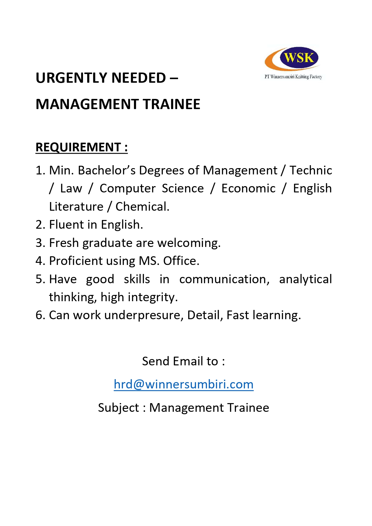 Lowongan kerja Maret 2024 – PT. WINNERSUMBIRI KNITTING FACTORY – Mangement Trainee