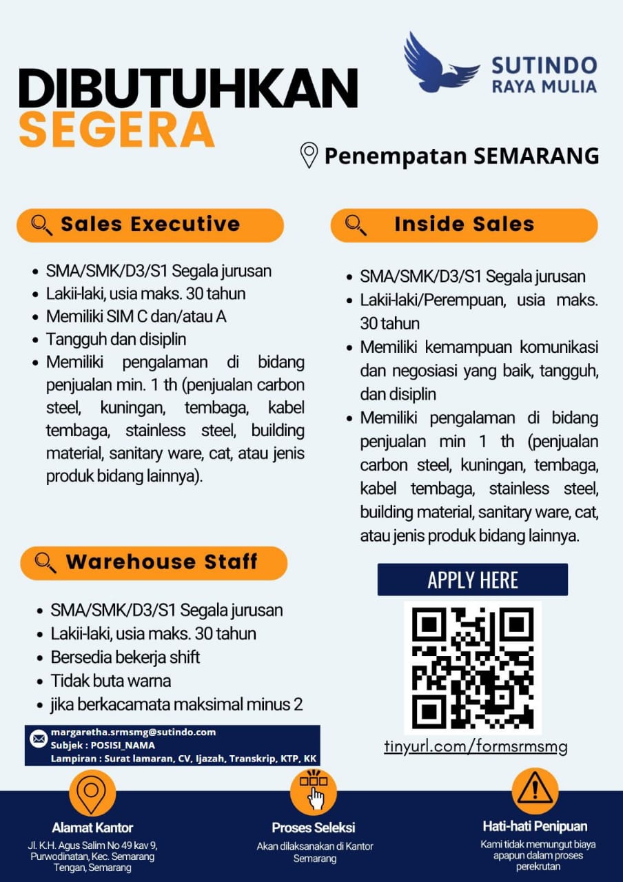 Lowongan Kerja Agustus 2024 – Sutindo – Sales Executive Lowongan Kerja Agustus 2024 – Sutindo – Sales Executive