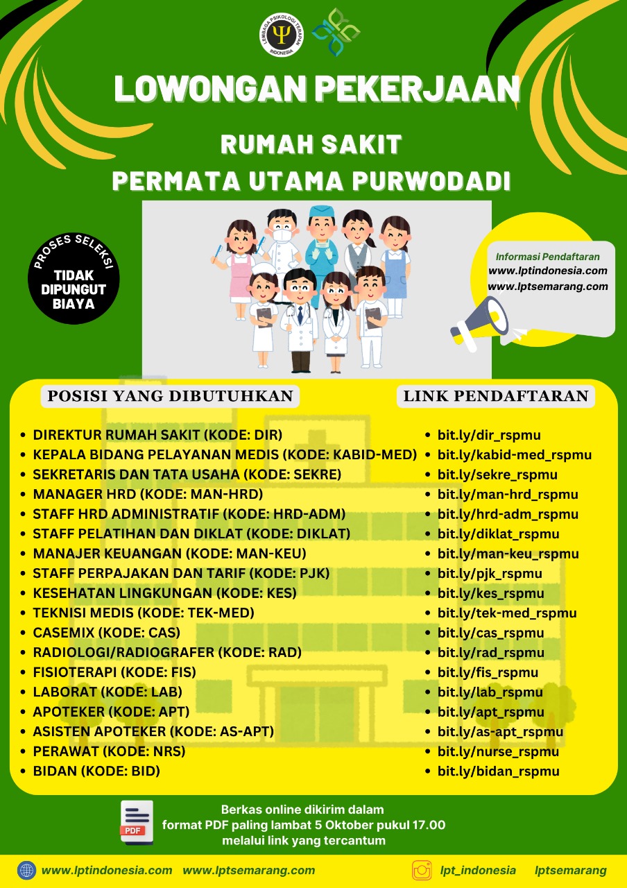 Lowker Sept2024: RUMAH SAKIT PERMATA UTAMA Purwodadi || JOB VACANCY via LPTINDONESIA Lowker Sept2024: RUMAH SAKIT PERMATA UTAMA Purwodadi || JOB VACANCY via LPTINDONESIA