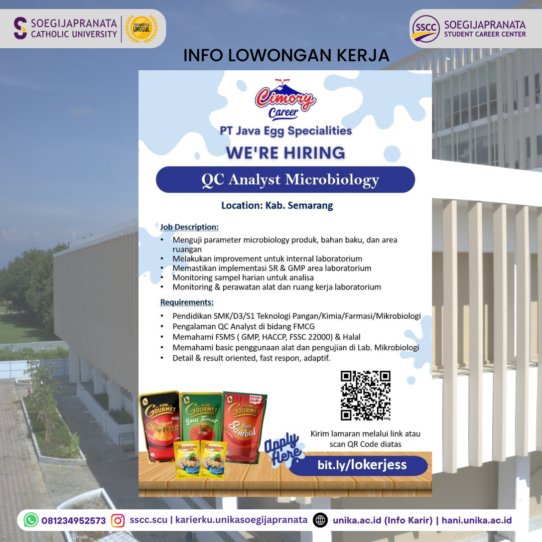 Loker Oktober 2024 – Cimory Group || QC Analyst Microbiology Loker Oktober 2024 – Cimory Group || QC Analyst Microbiology