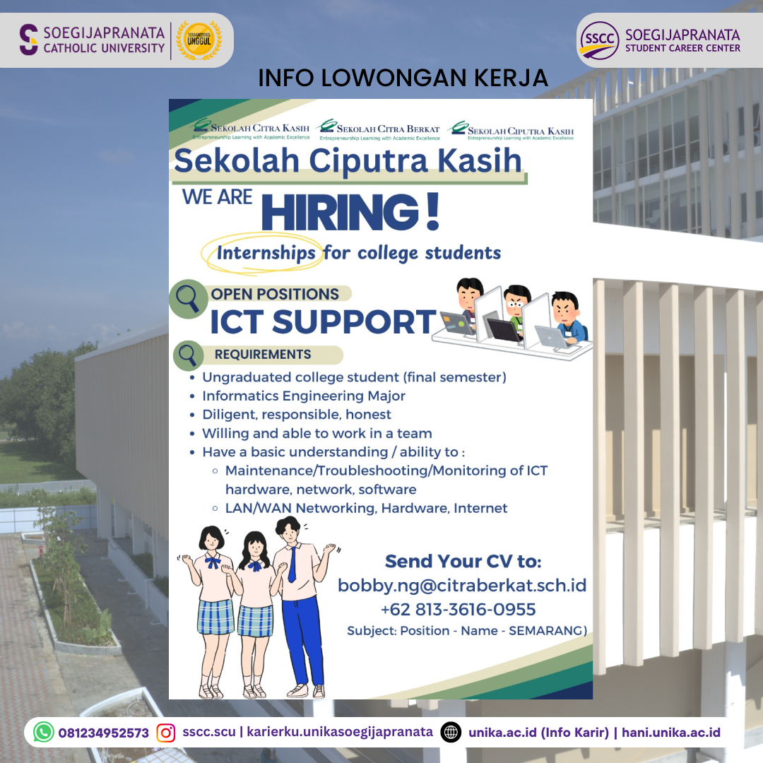 Loker Oktober 2024 – Sekolah Ciputra Kasih || ICT Support Intern. Loker Oktober 2024 – Sekolah Ciputra Kasih || ICT Support Intern.