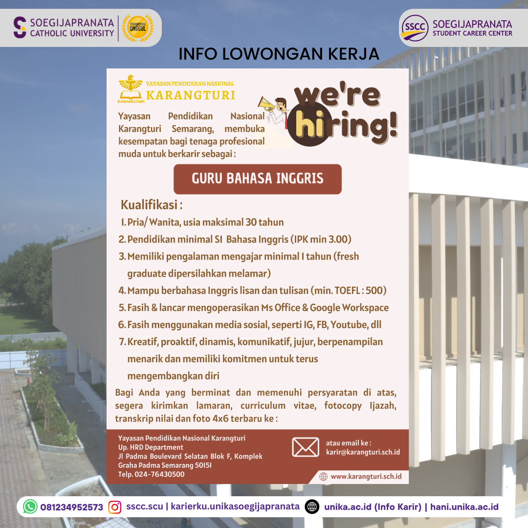 Loker Oktober 2024 – Yayasan Karangturi || Guru Bahasa Inggris Loker Oktober 2024 – Yayasan Karangturi || Guru Bahasa Inggris