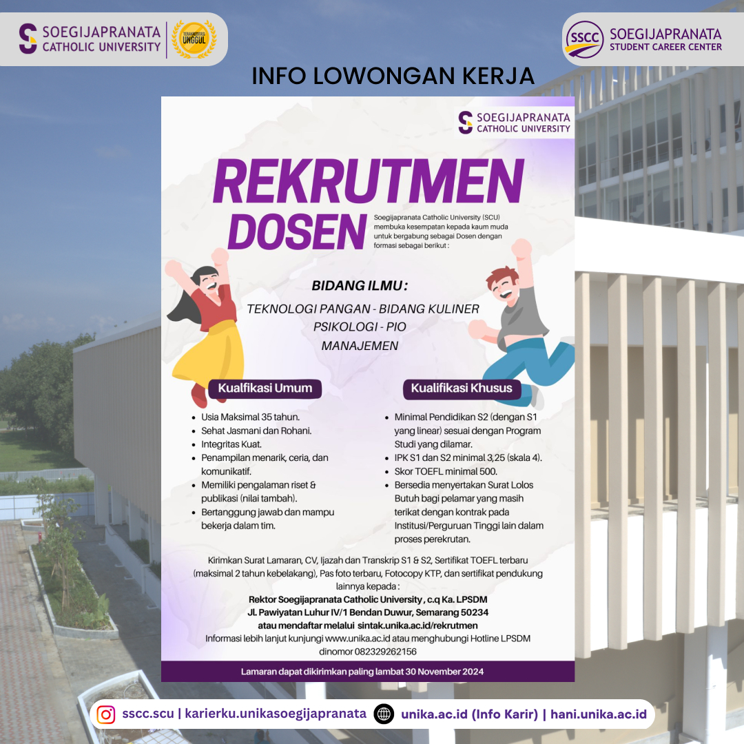 Loker November 2024 – Soegijapranata Catholic University || Dosen