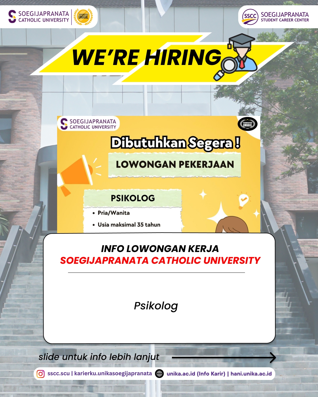 Loker Januari 2026 – Soegijapranata Catholic University (SCU) || Job Vacancy
