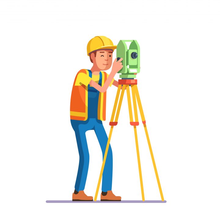 Land survey and civil engineer working with his equipment. Flat style modern vector illustration.